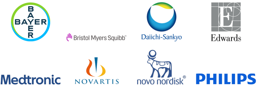 Logos of Bayer, Bristol Myers Squibb, Daiichi-Sankyo, Edwards, Medtronic, Novartis, Novo Nordisk and Phillips
