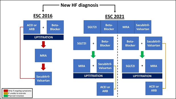 Flow chart comparing a new HF diagnosis from ESC 2016 to ESC 2021